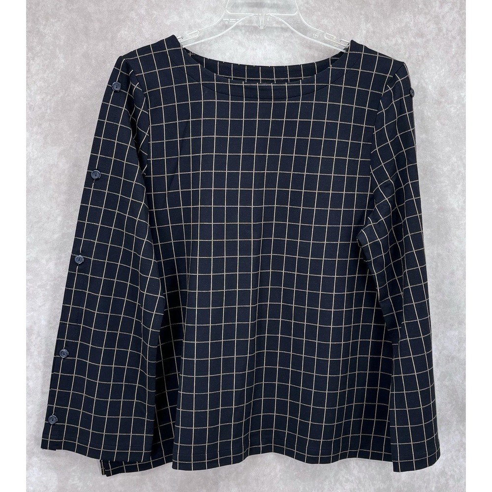J. Jill Ponte Windowpane Top Size XL Black Camel Long Sleeve Button Detail NWT